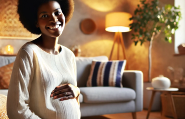 femme enceinte afro dans son salon