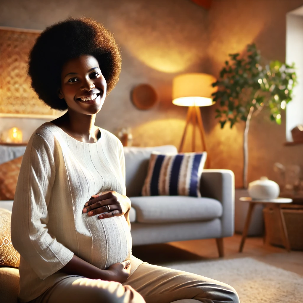 femme enceinte afro dans son salon