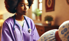 African midwife dressed in purple medical scrubs,