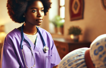 African midwife dressed in purple medical scrubs,