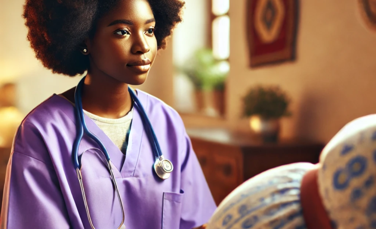 African midwife dressed in purple medical scrubs,