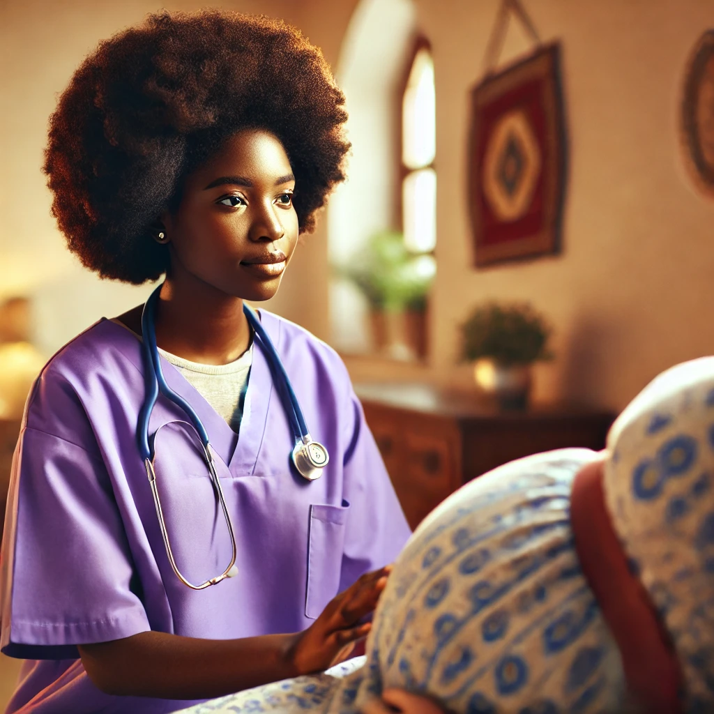 African midwife dressed in purple medical scrubs,