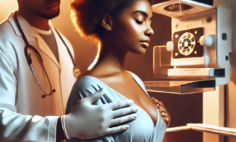 A realistic image of a Black woman undergoing a breast cancer screening. The scene includes a warm and professional medical environment,