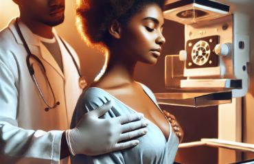 A realistic image of a Black woman undergoing a breast cancer screening. The scene includes a warm and professional medical environment,
